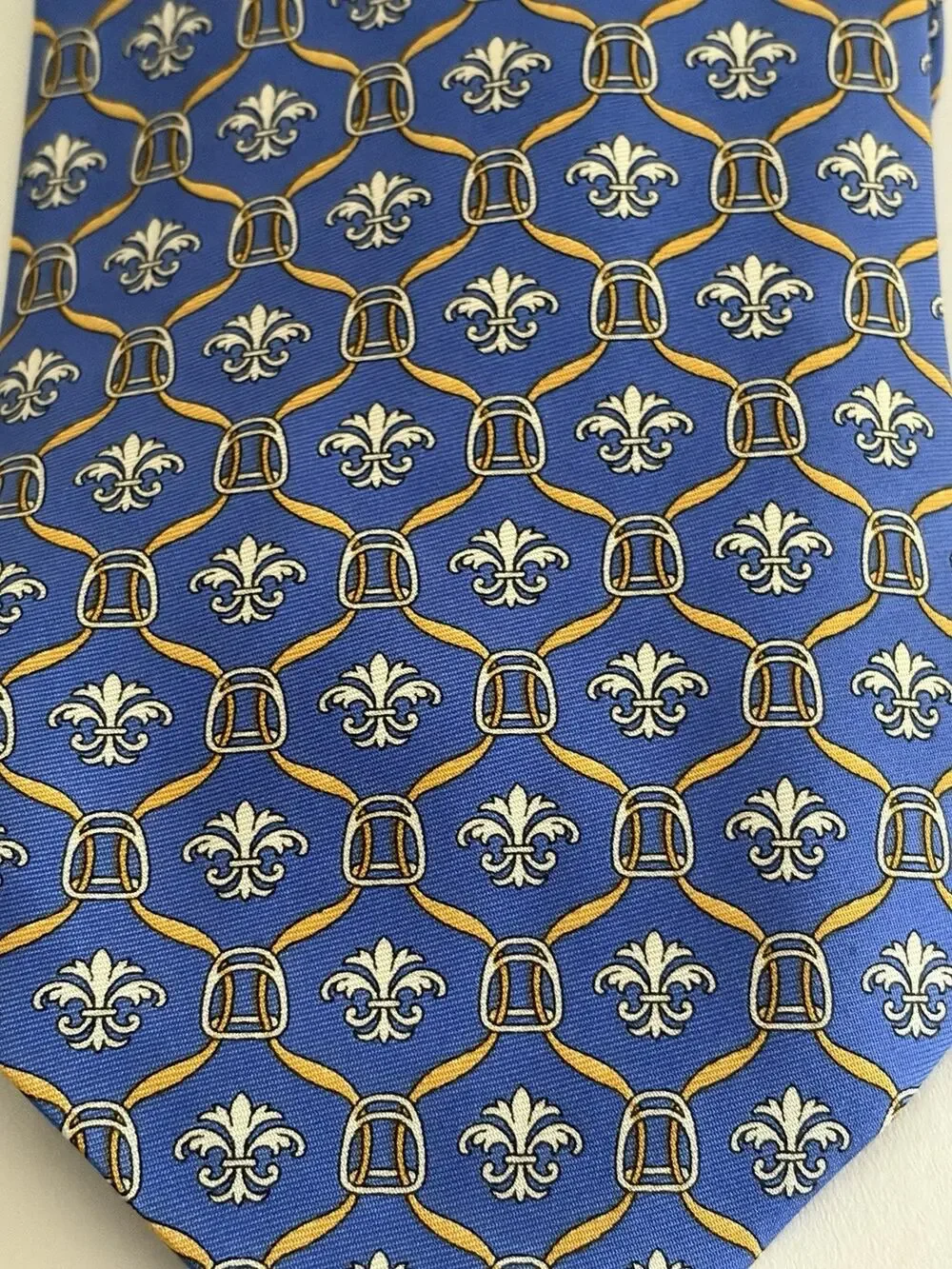 NWT Richel Blue 100% Pure Silk Hand Made In Spain Fleur De Lis Print Gold